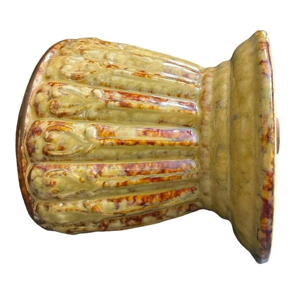 Vintage Glazed Ceramic Pedestal Pillar Candle Holder Heart Scroll 4.75 Inch